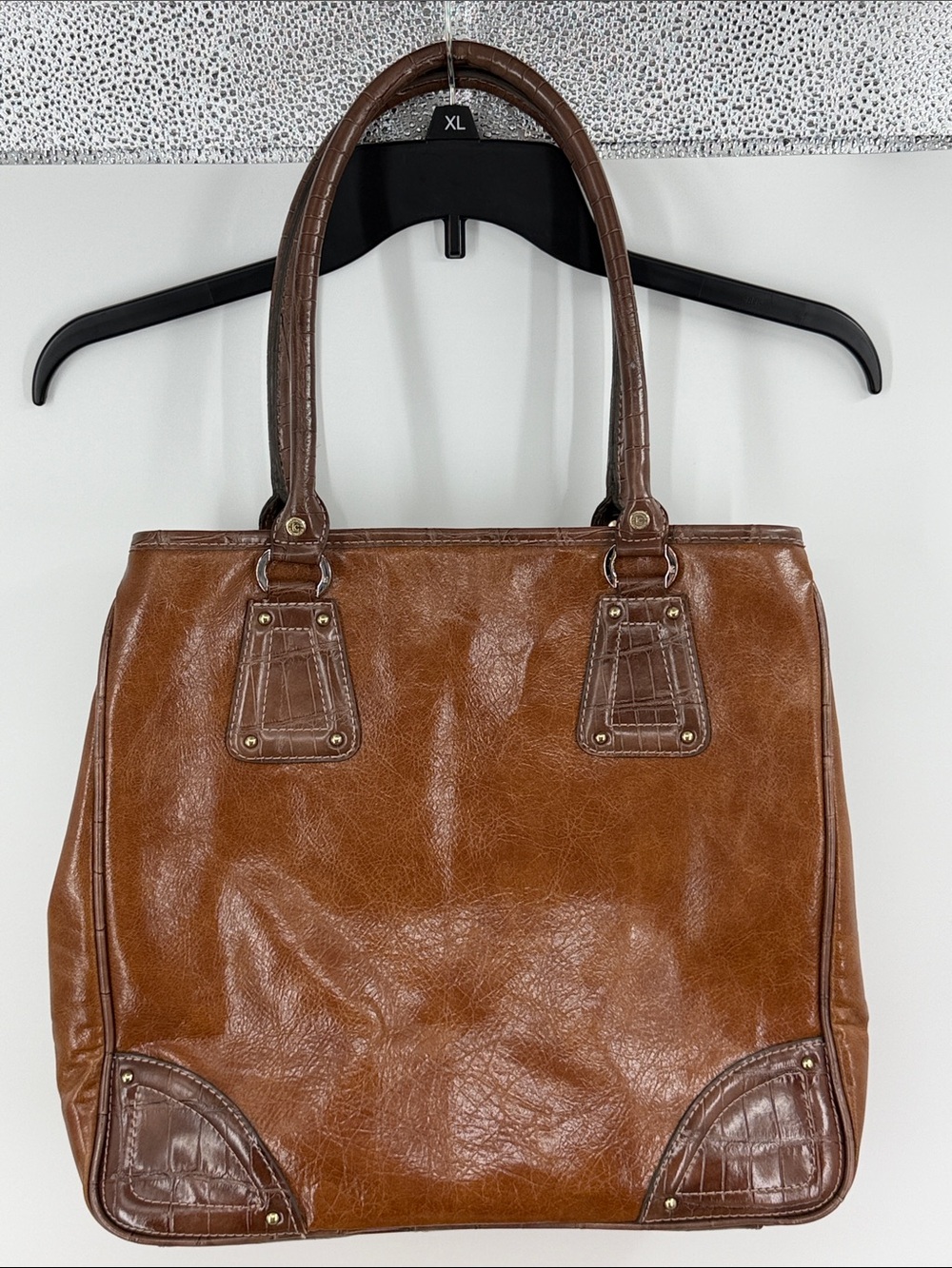 Vintage y2k Liz Claiborne Brown Cognac Tote Faux Croc Trim Large Shoulder bag